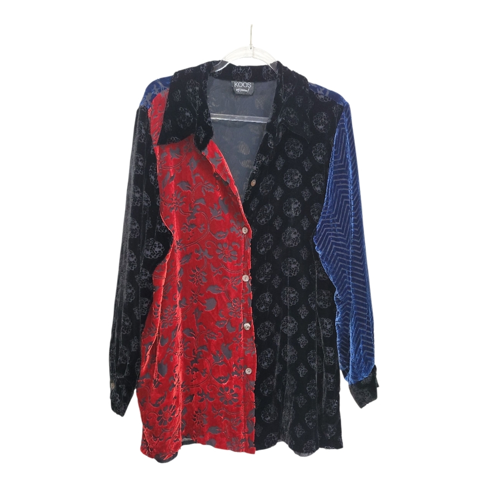 2X KOOS OF COURSE! Vintage Burn Out Floral Velvet Patchwork Button Down
